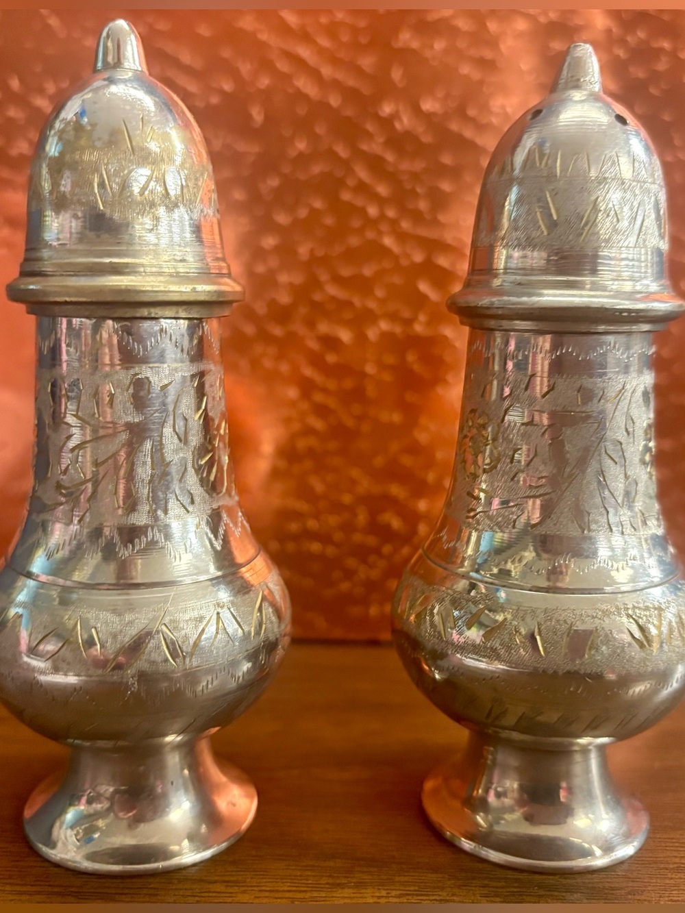 Vintage Pair of Engraved Silver-Plated Salt & Pepper Shakers
